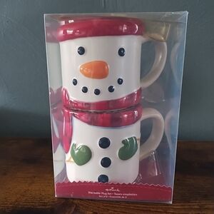 NIB Hallmark Christmas Snowman Stackable Mug Cup Set 2 Ceramic Novelty Gift
